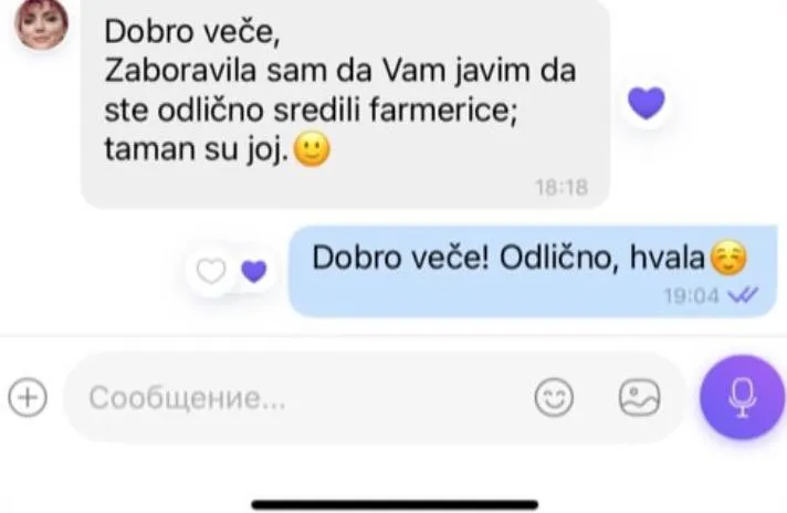 Poruka klijentkinje: „Zaboravila sam da Vam javim da ste odlično sredili farmerice; taman su joj.“